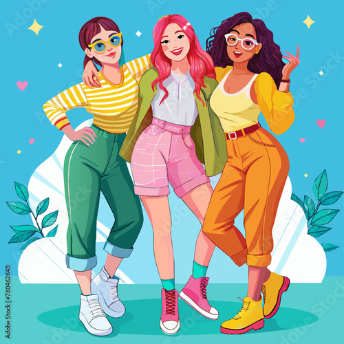 Fashionable girls in bright clothes. Vector illustration in cartoon style.