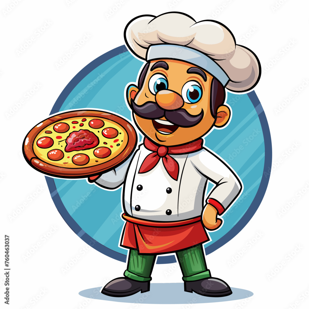 Cartoon chef with a pizza in his hand. Vector illustration. Cartoon chef with a pizza in his hand. Vector illustration.