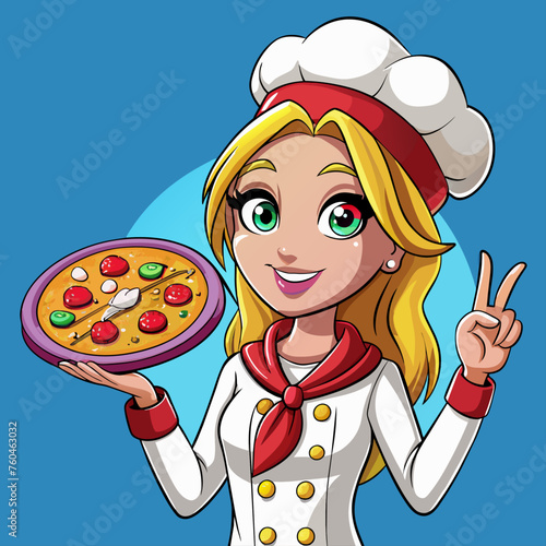 Illustration of a female chef holding a pizza in her hand.