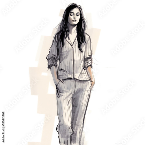 Pencil sketch of a model with long hair in pajamas