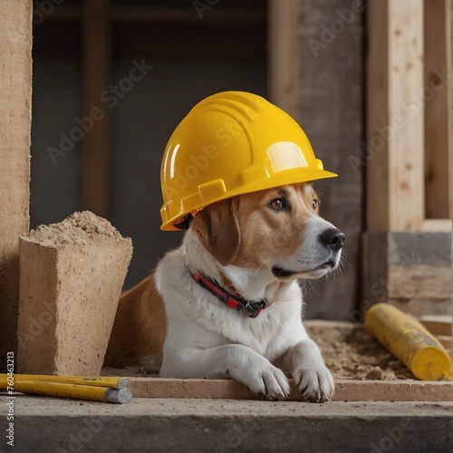 Adorable dog in hard hat displays loyalty and companionship, symbolizing the special bond between humans and dogs in construction. photo