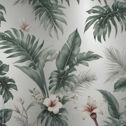 Silver Background and tropical leaves and flowers