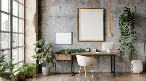 Fototapeta Naklejka Na Ścianę i Meble -  interior of a room with a table and chairs, mockup frame minimalist