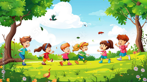 A group of clipart children playing in a park  depicting joy and friendship.