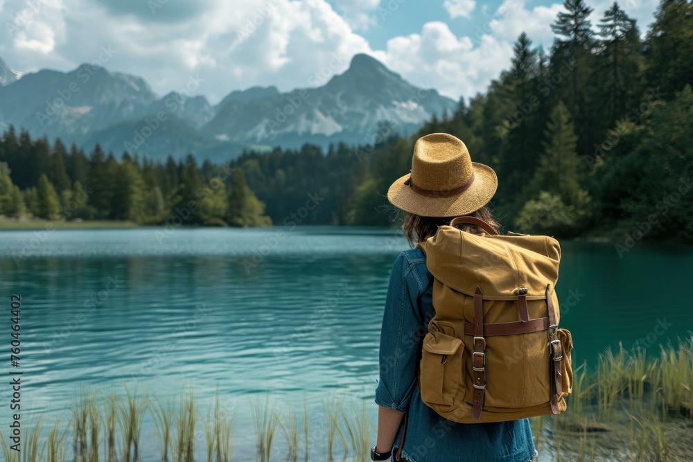 Backpack cap woman lake. Modern fashion. Generate Ai Backpack cap woman lake. Modern fashion. Generate Ai