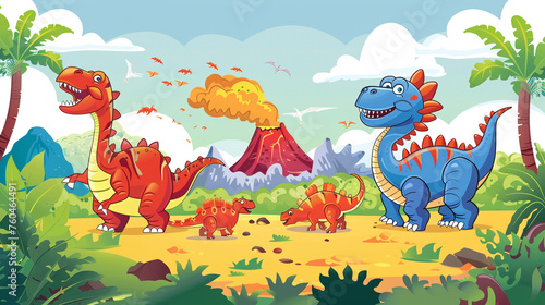 A group of clipart dinosaurs roaming through a prehistoric landscape with volcanoes in the background.