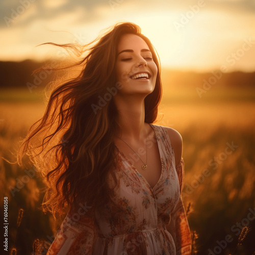 Backlit Portrait of calm happy smiling free woman with open arms and closed eyes enjoys a beautiful moment life on the fields at sunset  © Johannes