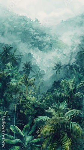 Tropical minimal watercolor landscape, macro angle, muted tones