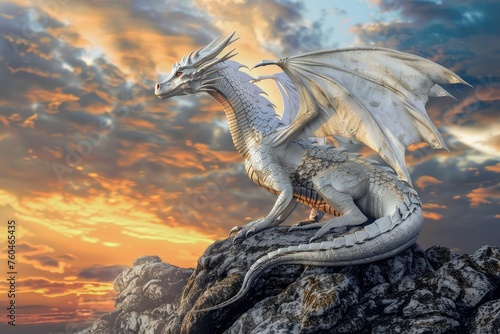 Majestic silver dragon silhouette against fiery sunset on rocky cliff in fantasy landscape. Mythical creature with shimmering scales and powerful wings