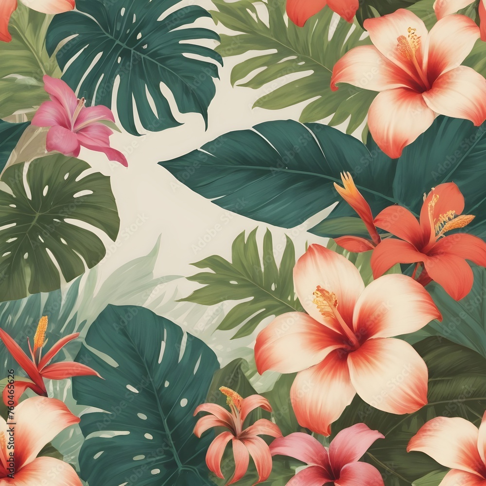 Silver Background and tropical leaves and flowers Silver Background and tropical leaves and flowers