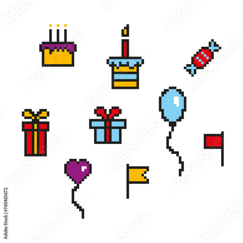 birthday pixel icons, celebration, 8 bit, 80s 90s old arcade game style, icons for game or mobile app, cake,  balloons, candy, flag, gift, cupcake, vector illustration © Elena