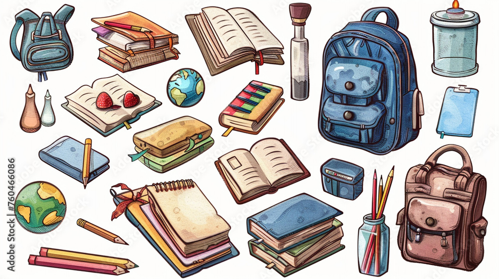 A set of clipart school supplies including books, pencils, and backpacks, ready for a new academic year. A set of clipart school supplies including books, pencils, and backpacks, ready for a new academic year.