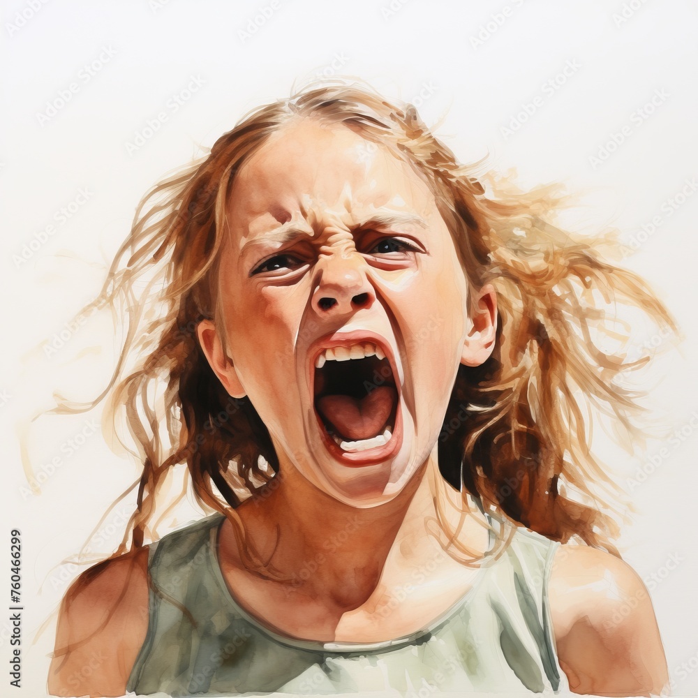 A 10-year-old girl screams angrily A 10-year-old girl screams angrily