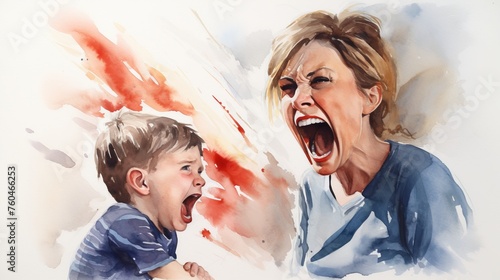 Illustration. A boy who is being shouted at by his mother