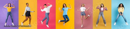 Crazy Fun. Group Of Happy Multiethnic Women Jumping Mid-Air On Colorful Backgrounds