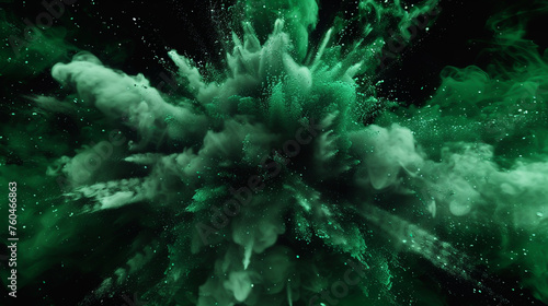 Abstract burst of white explosion, isolated splatter with charcoal powder dust, green smoke particles