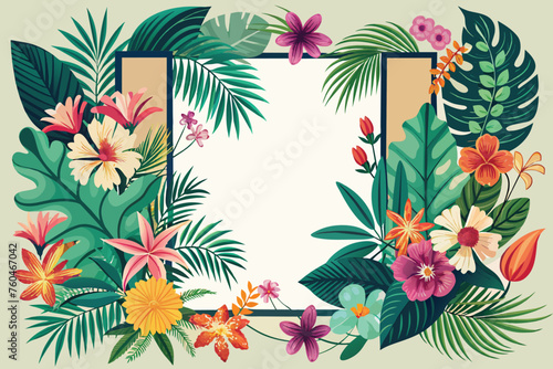 Tropical background with exotic flowers and leaves. Vector illustration.
