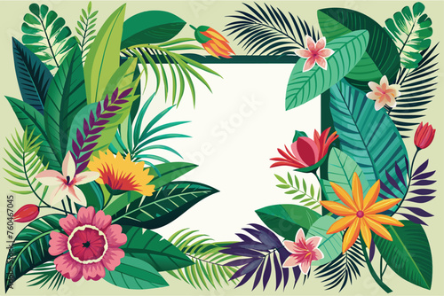 Tropical flowers and leaves background. Vector illustration in flat style