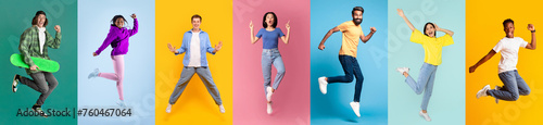 Collage with excited millennial men and women jumping and having fun