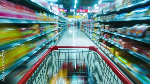 a close-up shot of a shopping cart looking blurry as it sits between shopping shelves