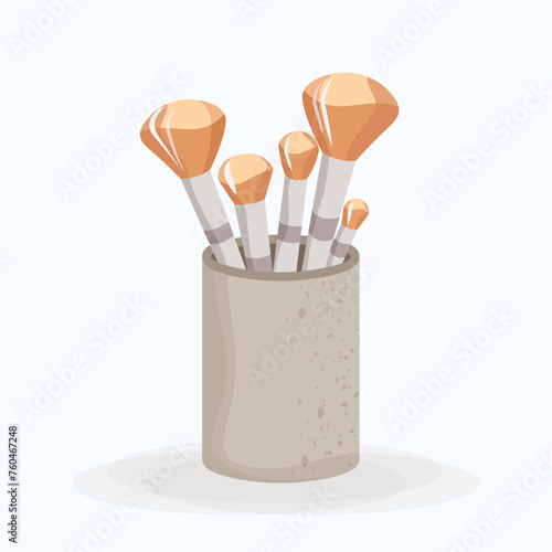 Vector illustration Cosmetic makeup brushes set in vase