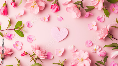 Creative layout with pink flowers, paper heart over punchy pastel background. Top view, flat lay. Spring, summer or garden concept. Present for Woman  © rabia