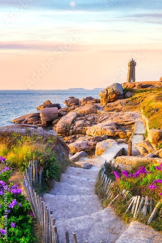 Lighthouse of Ploumanach at the golden hour in Perros-Guirec, Cotes d'Armor, Brittany, France
