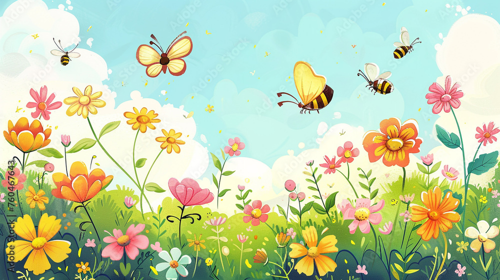 A colorful clipart garden with blooming flowers, buzzing bees, and fluttering butterflies.