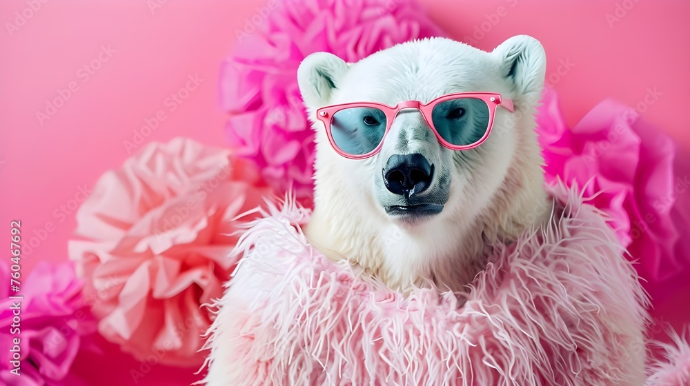 Polar Bear in glam fashionable couture high end outfits isolated on bright background advertisement, copy space. birthday party invite invitation banner	