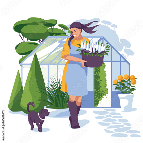 Young woman near the greenhouse. Spring and summer gardening concept. vector flat illustration