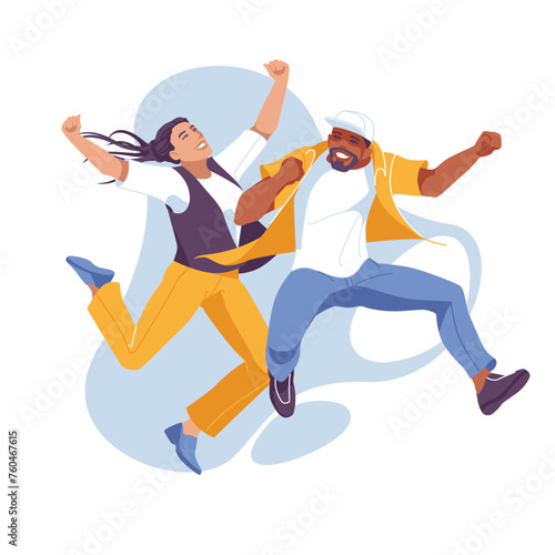 Happy young people jumping. Isolated on white background. Vector flat illustration