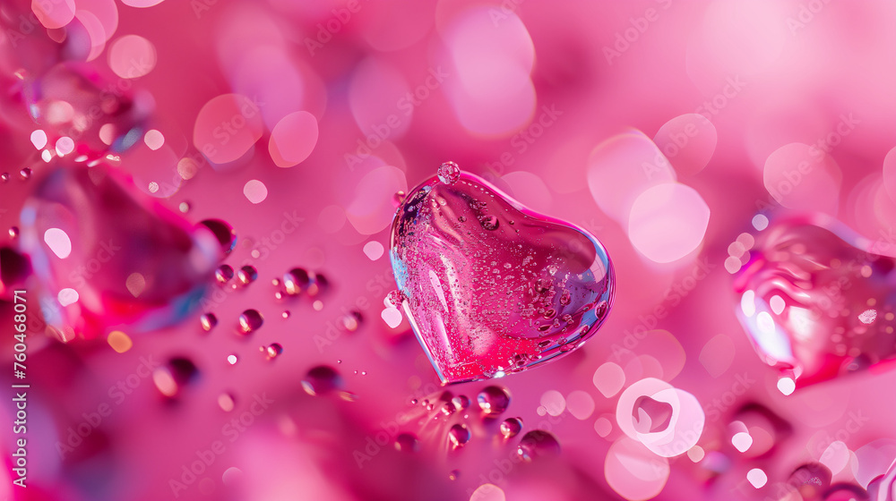 Generative AI image of glossy pink hearts with water droplets:: Generative AI image of glossy pink hearts with water droplets::
