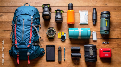Hiking equipment on flat lay background: hiking backpack, map, binoculars, thermos, flashlight. Camping equipment