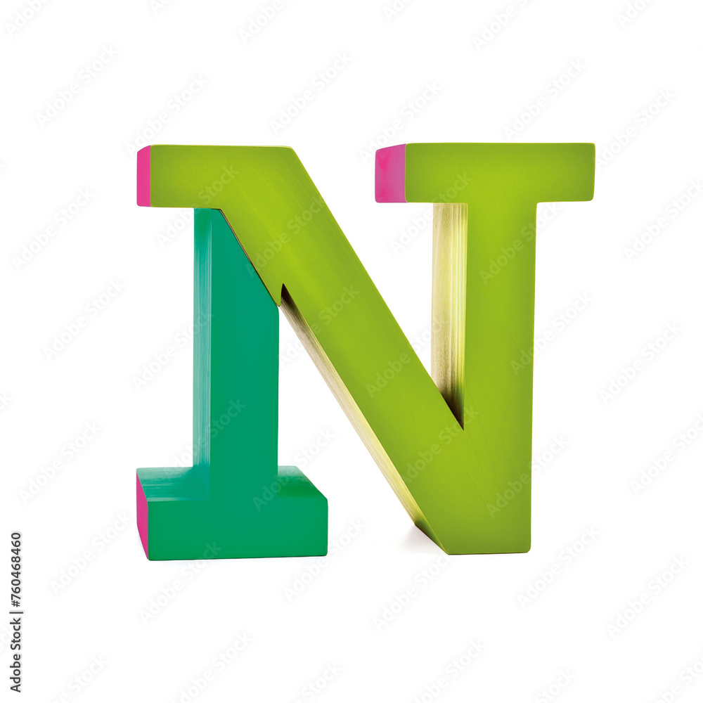 Wooden letter N in modern colors 3D font alphabet of toy blocks Wooden letter N in modern colors 3D font alphabet of toy blocks