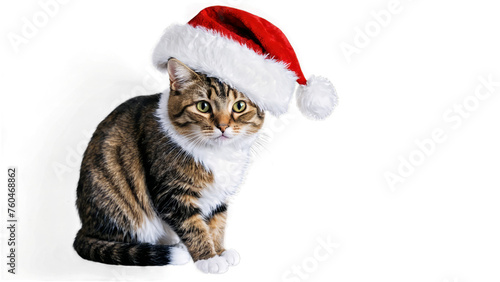 Isolated domestic cat with Christmas hat. Cat with Santa's hat. Generative AI.