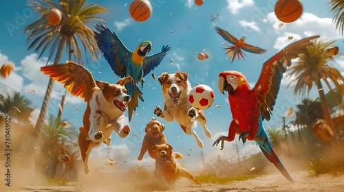 Dogs and Parrots Engage in a Lively Game of Basketball on a Sunny Beach