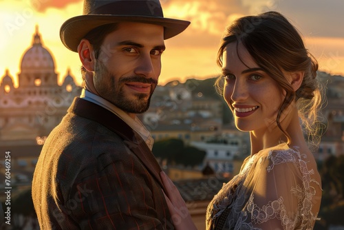 A German couple elegantly posing in tailored suits and flowing dresses on Aventine Hill in Rome, with sparkling eyes and a stunning view of the Rome skyline at sunset photo