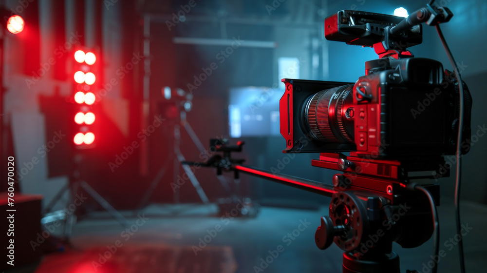 Studio Setup: Camera on Seamless Background. Generative AI Studio Setup: Camera on Seamless Background. Generative AI