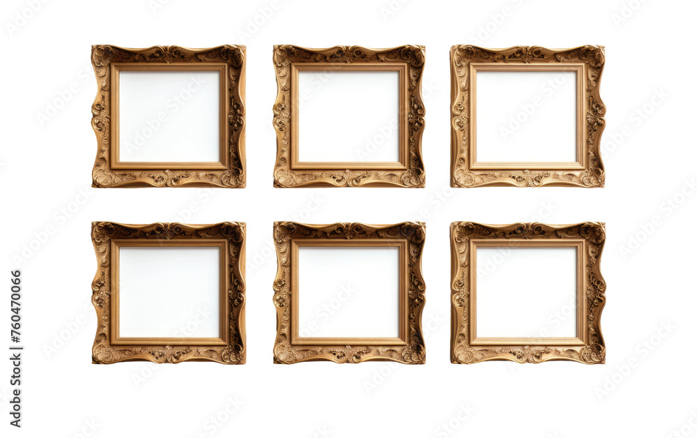 Set of Four Gold Framed Pictures on White Wall. On White or PNG Transparent Background. Set of Four Gold Framed Pictures on White Wall. On White or PNG Transparent Background.
