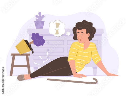 Senior Woman Stumbles and Falls to the Ground and Hurts the Leg for Accident Concept Illustration