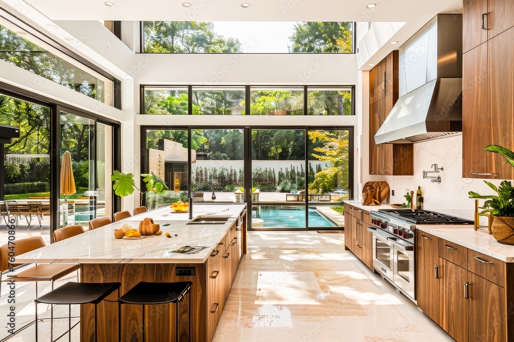 A luxurious modern kitchen with marble countertops and a view of the pool through large windows, bathed in natural light. A luxurious modern kitchen with marble countertops and a view of the pool through large windows, bathed in natural light.