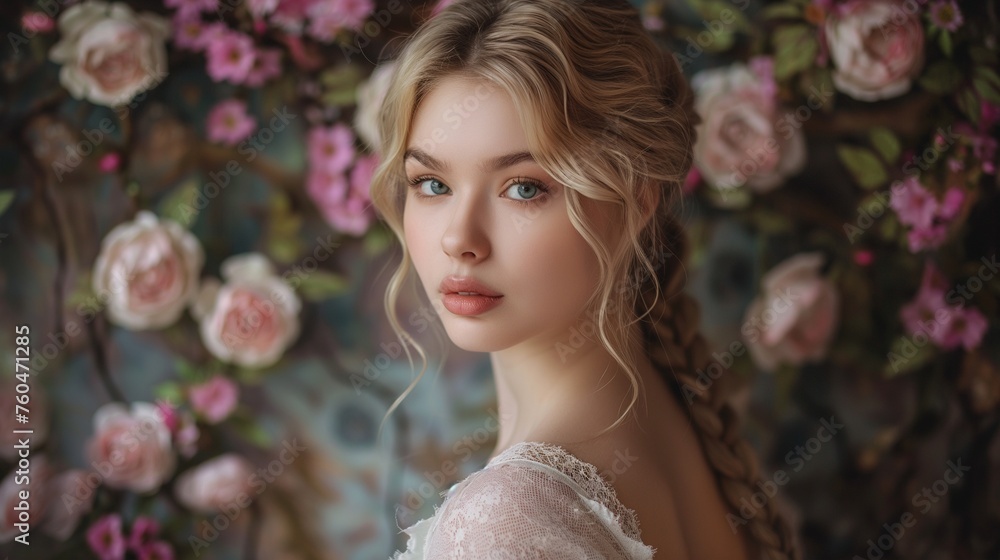 Ethereal charm exudes as a blonde vision with impeccable skin delicately explores her features, surrounded by a studio backdrop offering artistic copy space.