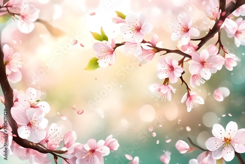 background with spring cherry blossom. Sakura branch in springtime with falling petals and blurred transparent elements © Muhammad