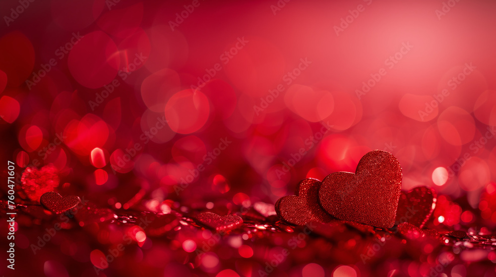 Valentines day background banner with abstract panorama of red hearts for love concept