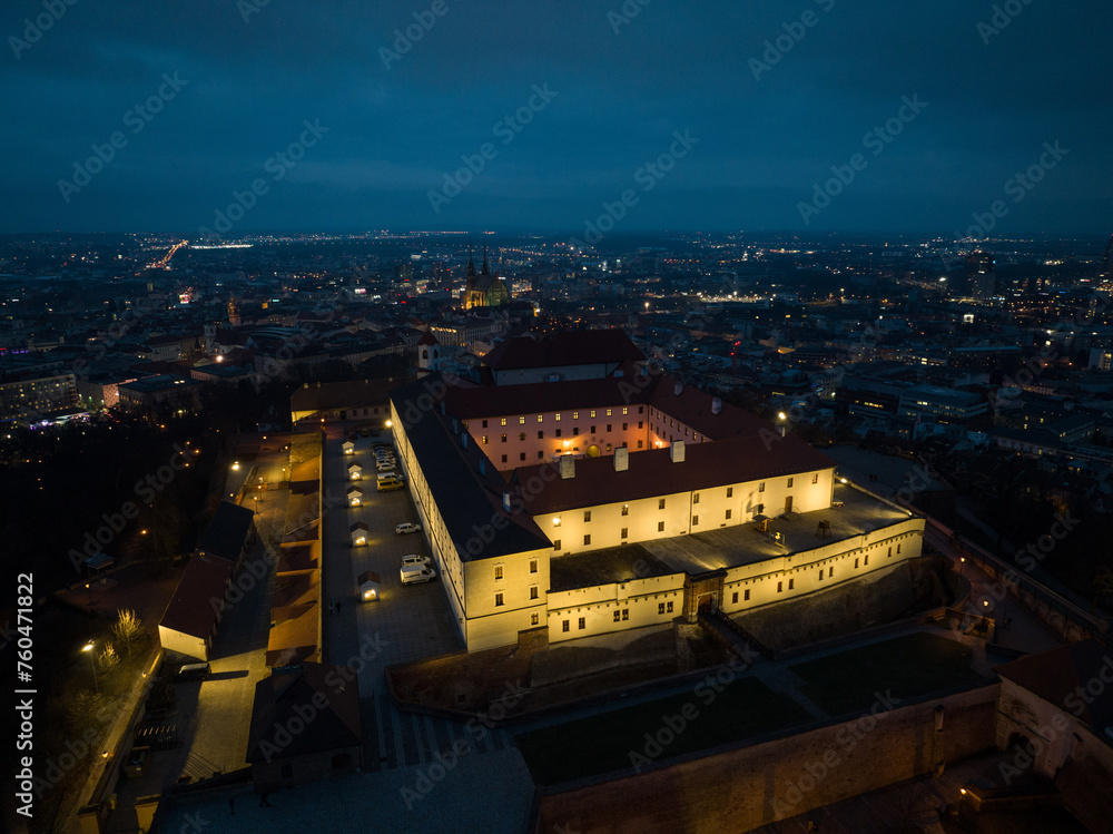 Night aerial view of Spilberk Castle in Brno, Czech Republic