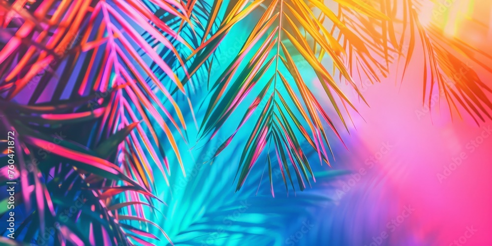 A close-up view of a palm tree set against a diverse and colorful background. The palm fronds stand out vividly against the multicolored backdrop