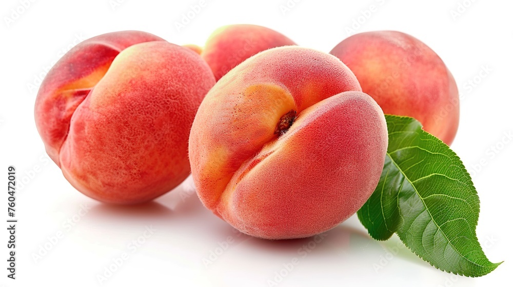 peach fruits with green leaf isolated on white background,generative ai, peach fruits with green leaf isolated on white background,generative ai,