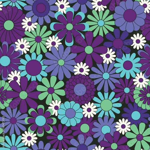 Vintage groovy daisy flowers. Retro floral vector background. Surface design in style of hippie. Modern pattern design for textile, stationery, wrapping paper, gifts. 60s, 70s, 80s style