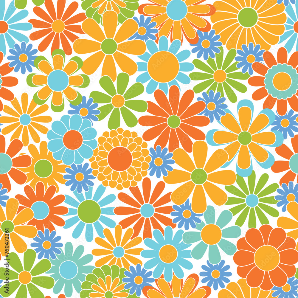 Vintage groovy daisy flowers. Retro floral vector background. Surface design in style of hippie. Modern pattern design for textile, stationery, wrapping paper, gifts. 60s, 70s, 80s style