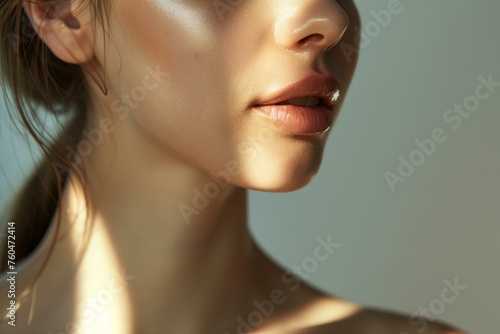 Close-Up of a Woman face with glowing perfect skin texture, cosmetic ad concept.